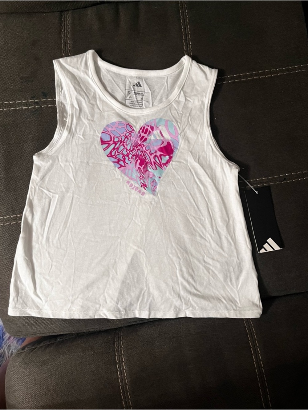 adidas White Tank Top with Pink & Blue Heart Graphic